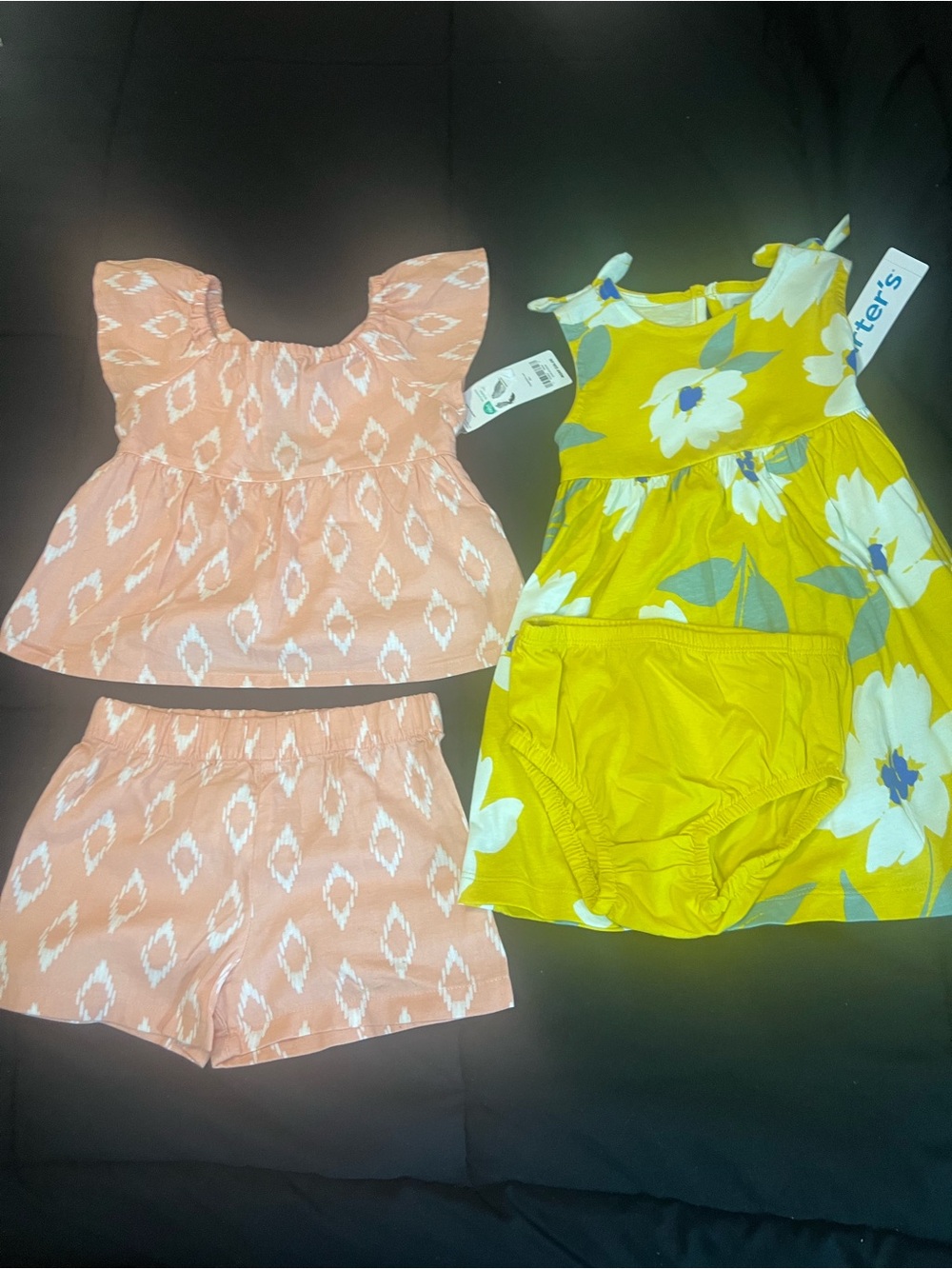Bundle (2) 2 Carter's Toddler 2 Piece Sets. Peach & White Short Set & Gold Dress